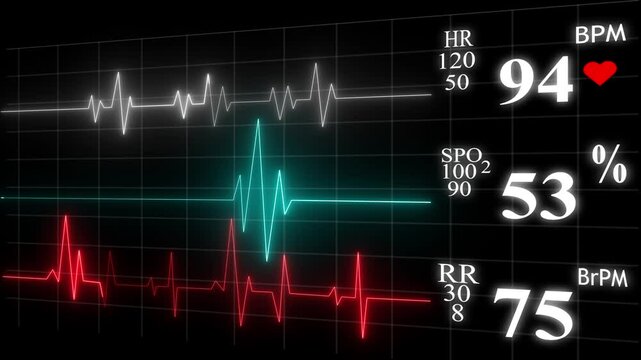 vital signs on ICU monitor in hospital, Intensive care health monitor with stable vital signs, patient's condition illness. Medical ICU monitor with patient's vital signs. Patient dying in hospital, 