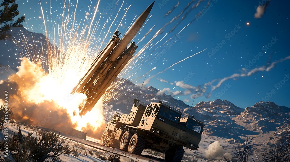Poster A powerful ground based missile interceptor launching from a defense military base with streaking contrails cutting across the clear evening sky