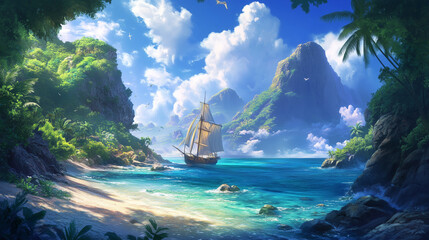 Tropical Paradise with Sailboat and Majestic Mountains