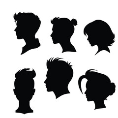 Silhouettes of people with various hairstyles and profiles, vector black color silhouette, isolated white background