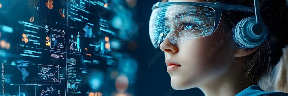 Poster a young woman wearing a futuristic virtual reality headset with holographic displays highlighting va
