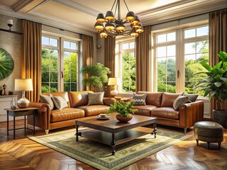 Fototapeta premium Vintage Style Modern Living Room with Lush Greenery View – Cozy and Inviting Interior Design
