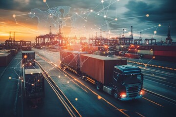 Global logistics  import export of cargo containers and freight ships at an industrial port network