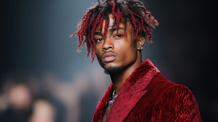 A confident man with stylish red hair poses wearing a luxurious red velvet jacket, highlighting individuality and fashion-forward thinking in a striking image.