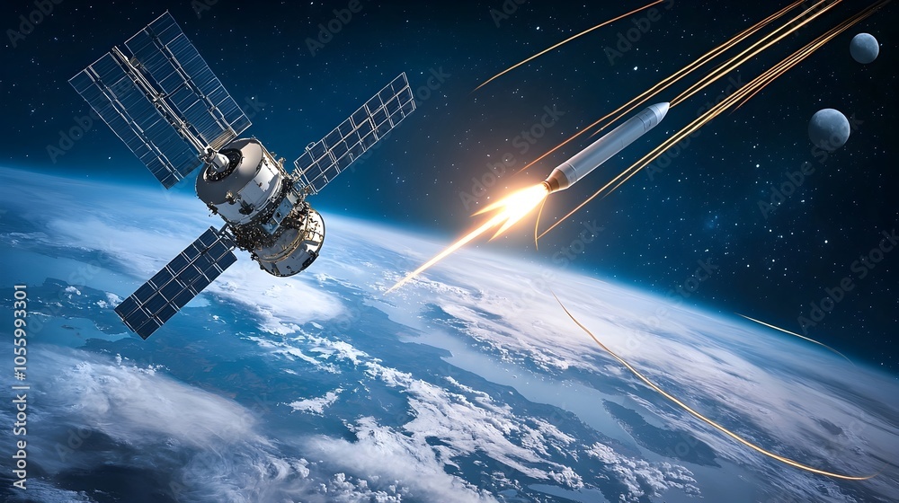 Poster Advanced space based missile defense satellite firing a high tech countermeasure to intercept a missile entering Earth s atmosphere