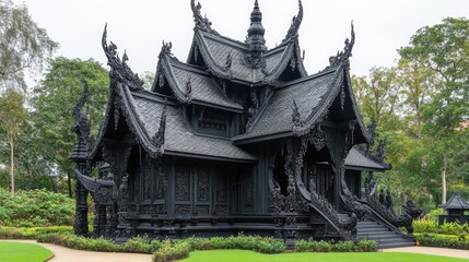 Fototapeta premium Traditional Thai wooden house with ornate carvings, high roof, and lush greenery around for an authentic look.
