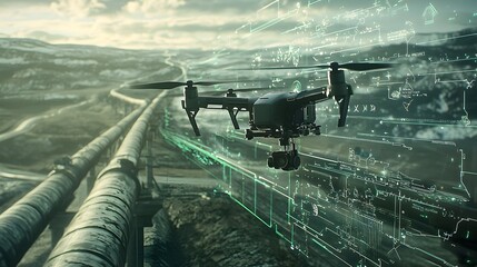 Fototapeta premium Aerial Drone Conducting Automated Inspection of Remote Oil and Gas Pipelines Across Rural Landscapes Providing Real Time Digital Overlays and Sensor Data