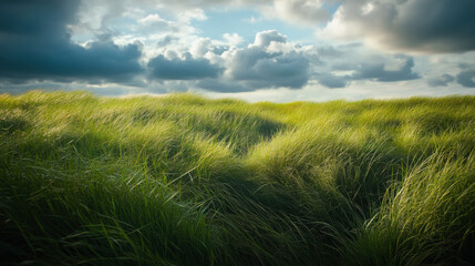 Obraz premium Lush green grass sways gently under a vast sky filled with gray-blue clouds at twilight in a serene landscape