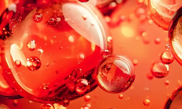 A stunning close up of vibrant red bubbles and droplets suspended in liquid, showcasing depth and texture in a mesmerizing arrangement of colors and shapes.
