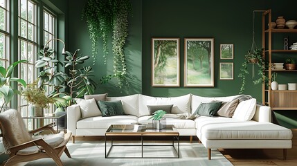 Fototapeta premium Modern Interior of Stylish Living Room ,Wall Mock Up, Frame , Poster with Beautiful Background, 3d render