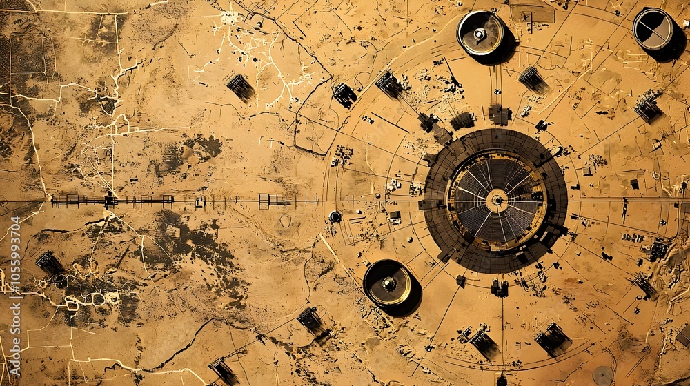 Aufkleber Aerial satellite image showcasing the vast and intricate missile defense grid system deployed along a national border with key radar towers command facilities