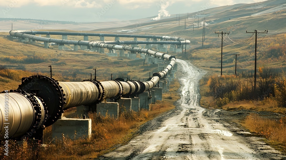 Poster aerial view of a complex oil pipeline junction where multiple pipelines from different regions merge