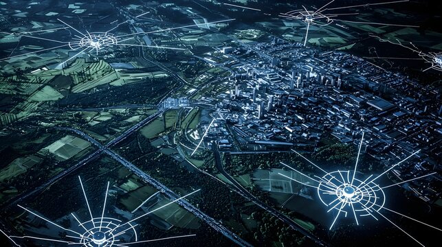 Aerial view of a futuristic metropolitan city with a complex network of radar arrays and missile interceptors spread across strategic zones showcasing advanced defense and security infrastructure