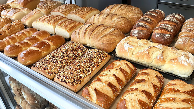 Many types of bread lined up on display