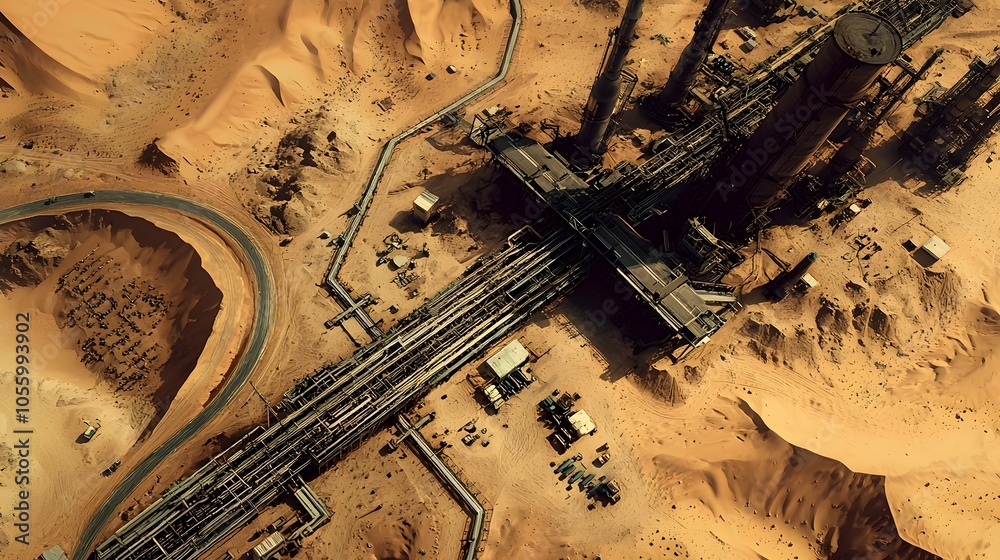 Leinwandbilder aerial view of a remote desert pump station facility part of an extensive oil pipeline network trans