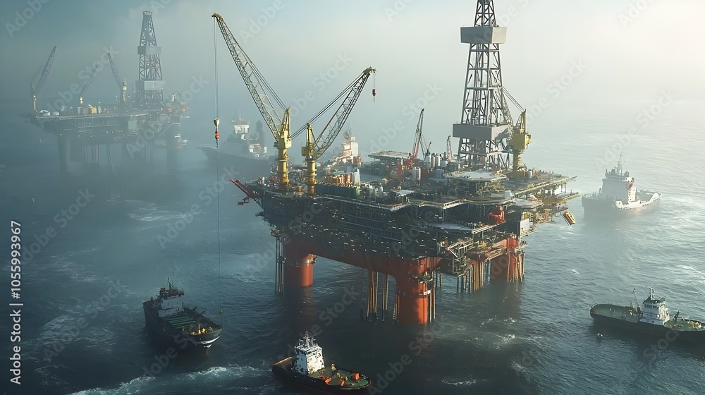 Aufkleber Aerial view of an offshore oil platform with towering cranes and extensive pipelines extending into the deep blue ocean