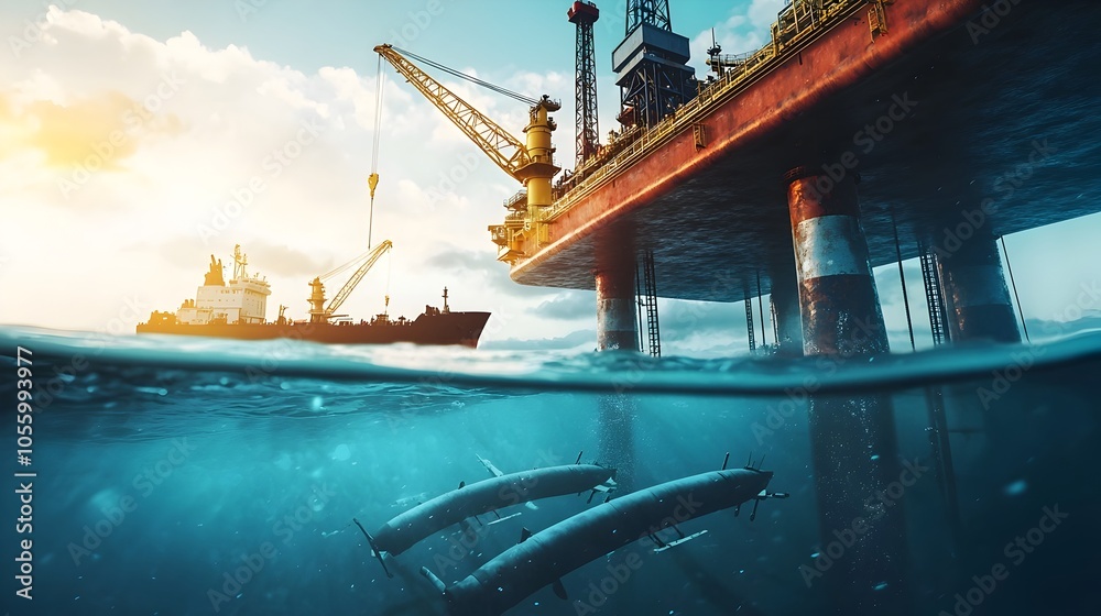 Poster aerial view of an offshore oil platform with towering cranes pipelines and support vessels operating