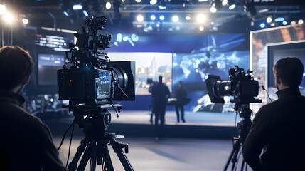 Camera crew preparing for a live production in a state-of-the-art studio. Backdrop features screens and lighting setups, capturing the essence of modern media.