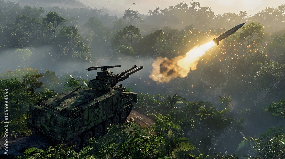 Poster anti missile artillery system launching projectiles to intercept a low flying cruise missile above a