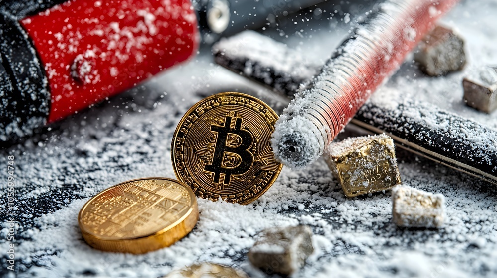 Poster Bitcoin and other cryptocurrency values fluctuating as shown by a thermometer with rising gold prices and falling currency values marked below freezing point