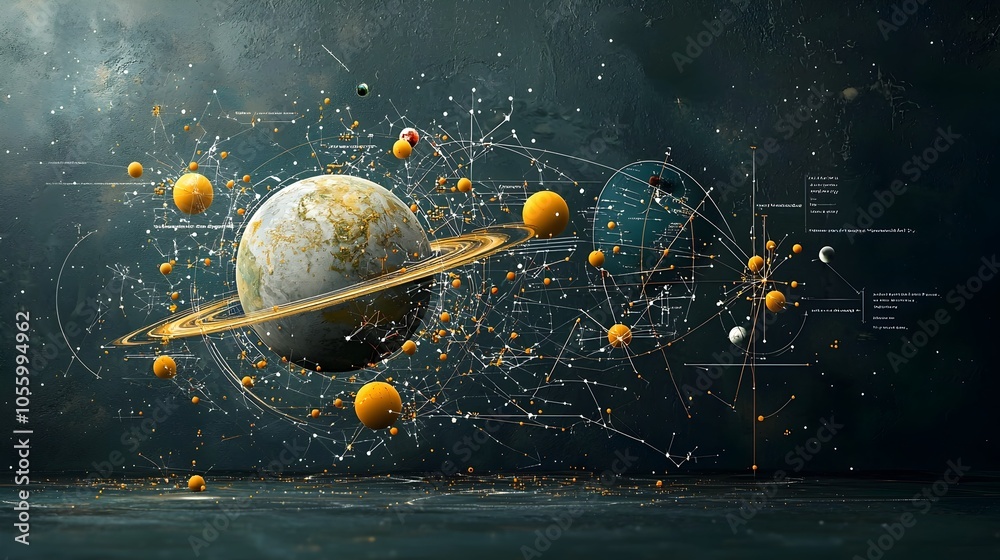 Poster Captivating digital depicting the disruption of cosmic alignments with magnets pulling stars and celestial objects toward a central planetary sphere creating a surreal and futuristic space scene