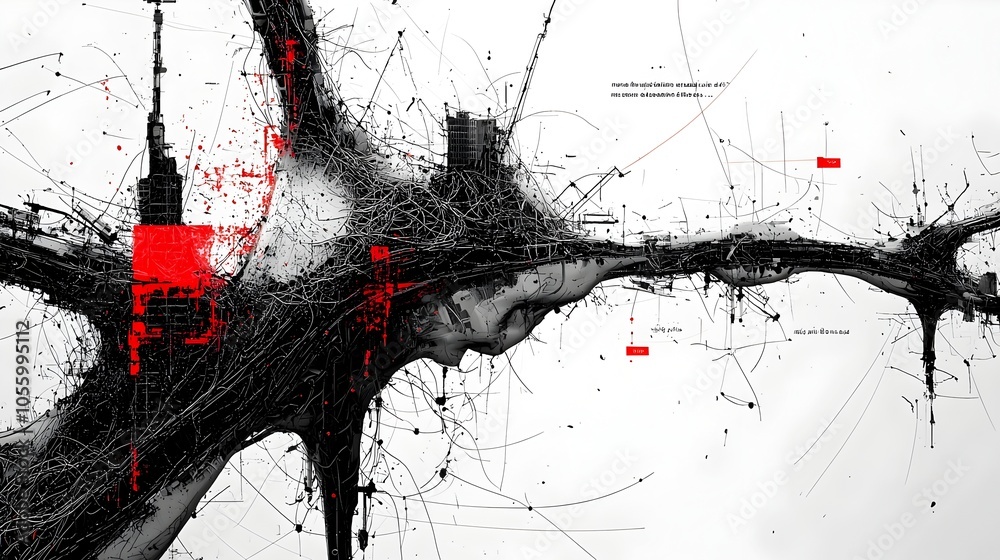 Leinwandbilder Chaotic Vortex of Interconnected Loops and Lines   Futuristic Generative Abstract Artwork Mimicking Reversed Magnetic Field Lines and Crisscrossing Highways