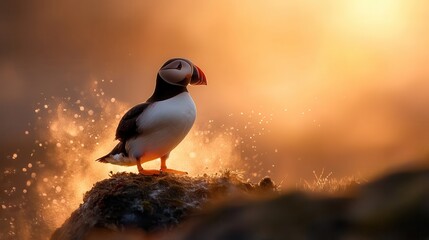 A charming puffin stands noble against the backdrop of an early sunrise, highlighted by the ethereal glow and misty dewdrops capturing nature's pristine tranquility.