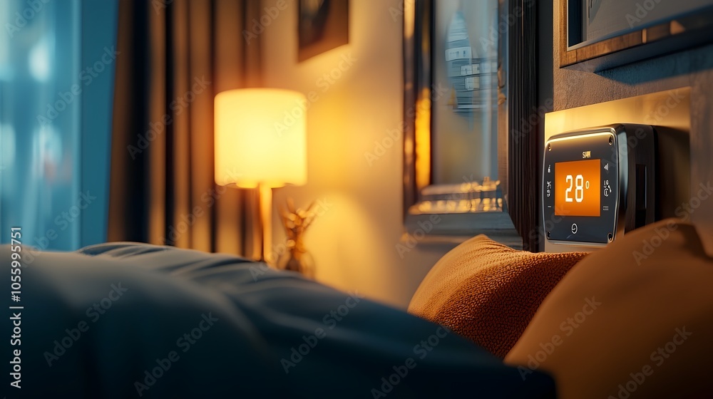 Aufkleber close up view of a smart thermostat installed in a contemporary guestroom highlighting its temperatu