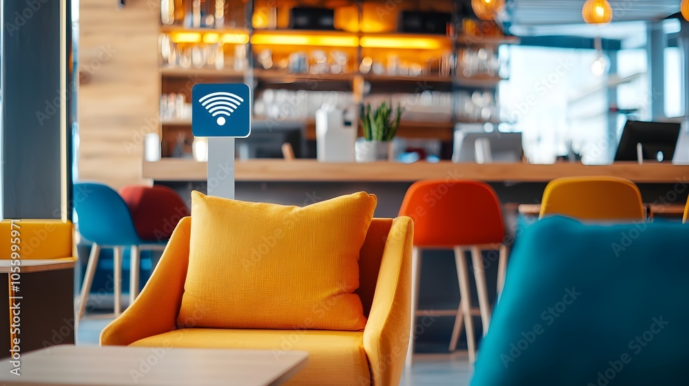Poster closeup of a prominent wi fi signal sign inside the cozy and inviting lounge area of a modern hostel