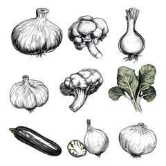 vegetable illustration set, tomatoes, greens, carrot, onion on white