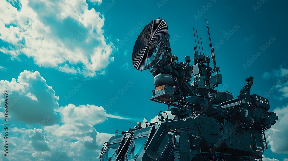 Poster closeup view of a powerful rotating radar system installed on top of a military combat vehicle scann
