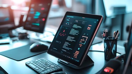Closeup view of a modern hostel reception desk featuring a tablet based digital check in system displaying guest information and room assignments on the screen