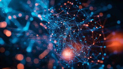 Abstract network of blue and red dots and lines in a digital space