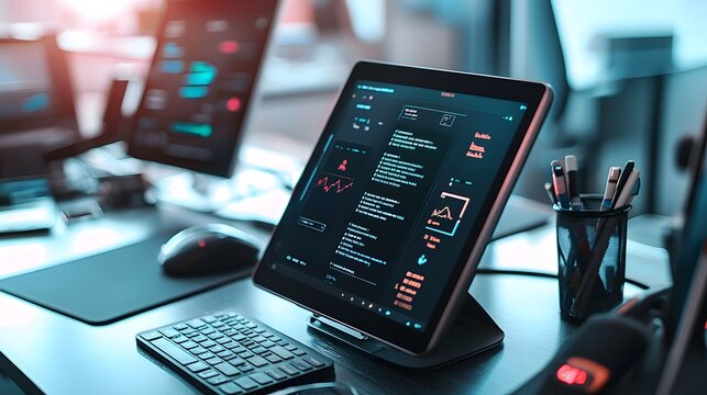 Closeup view of a modern hostel reception desk featuring a tablet based digital check in system displaying guest information and room assignments on the screen