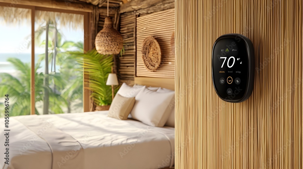 Poster closeup view of a smart thermostat installed in a cozy and modern guestroom showcasing its temperatu