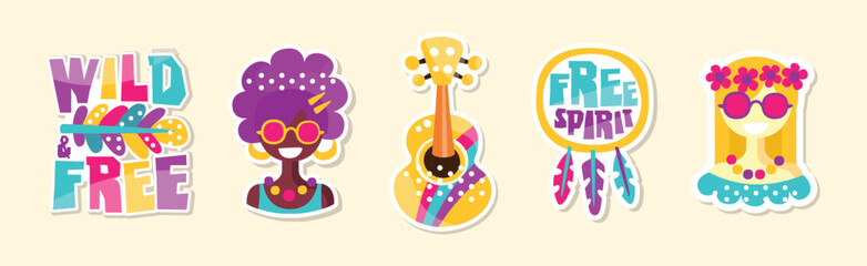 Hippie Sticker and Retro Patches Colorful Vector Set