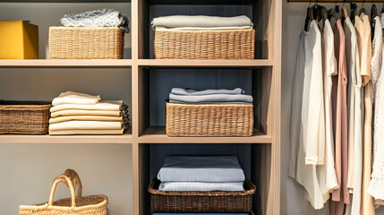 neatly arranged closet featuring wicker baskets, folded clothes, and hanging garments, showcasing efficient organization and modern interior design.