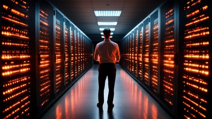A man stands in a modern, illuminated server room, gazing down a row of glowing servers, symbolizing technological advancement, data management, and innovation.