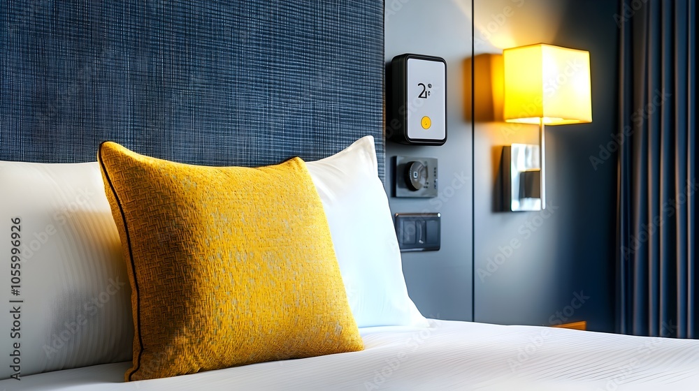 Poster closeup view of a smart thermostat installed in a contemporary guestroom