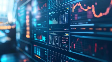Stock market graphs and data on a digital screen in a modern office