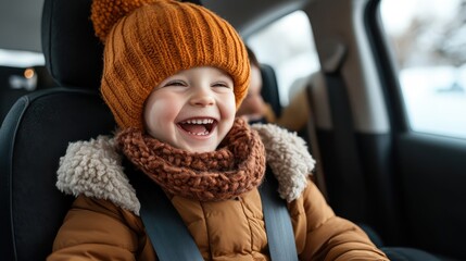 A joyful child wearing a winter hat and scarf smiles brightly while seated in a car, capturing the warmth and excitement of winter travel and family adventures.