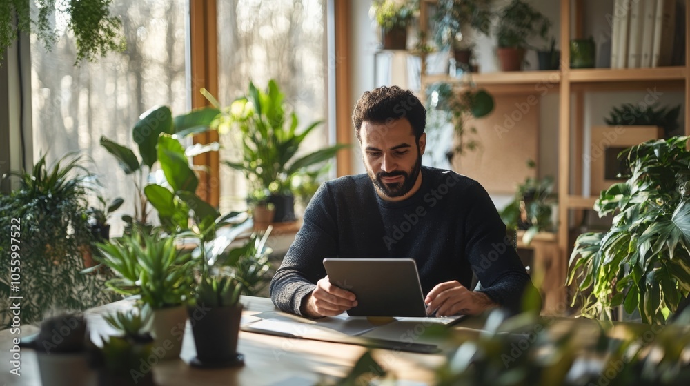 Aufkleber A man sits at a wooden table, using a tablet while surrounded by thriving indoor plants. Natural sunlight streams through large windows, creating a warm and inviting atmosphere in the space.