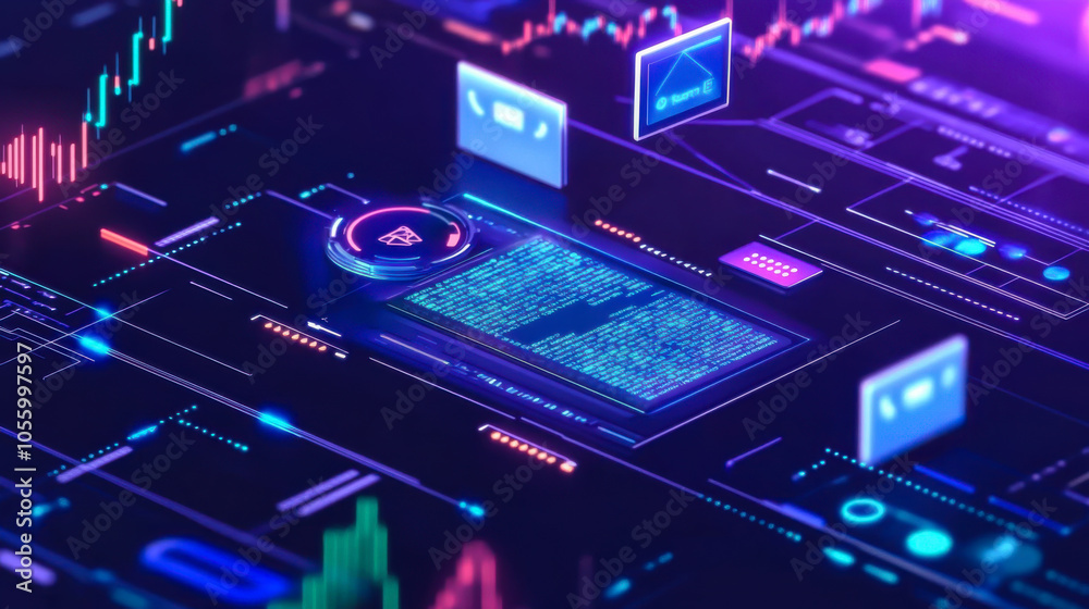 Poster abstract digital interface analyzing data trends and security threats in a high-tech environment at 