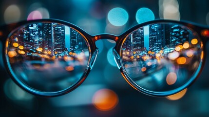 Cityscape reflection through glasses with bokeh lights