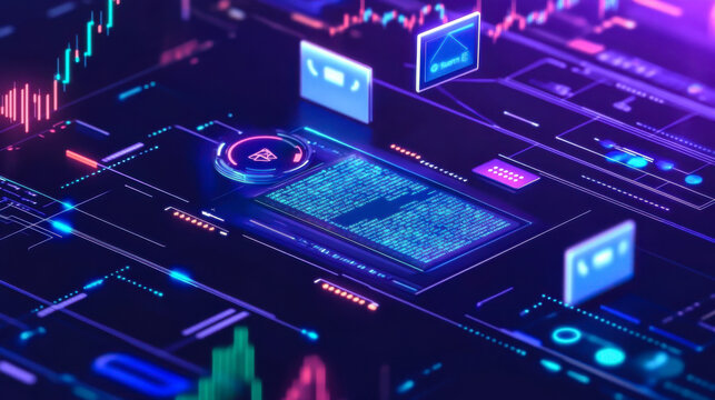 Abstract digital interface analyzing data trends and security threats in a high-tech environment at night