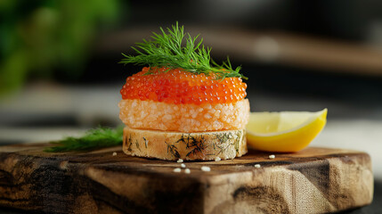 Mini Red Caviar Sandwich with Fresh Dill and Lemon Slice – Elegant Open-Faced Appetizer with Red Caviar, Dill, and Lemon on a Rustic Board for a Gourmet Presentation