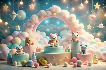 Obraz premium Whimsical Podium with Pastel Clouds and Children's Toys for Playful Imagination