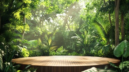 3d rendered wooden empty podium into the jungle with sun light.