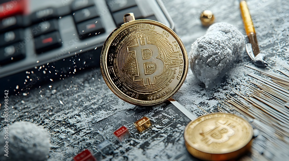 Aufkleber cryptocurrency and precious metal prices such as bitcoin and gold fluctuating on a digital display w