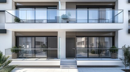 A modern apartment building showcasing sleek glass balconies with minimalistic railings, framed by stylish door designs and large, inviting windows.